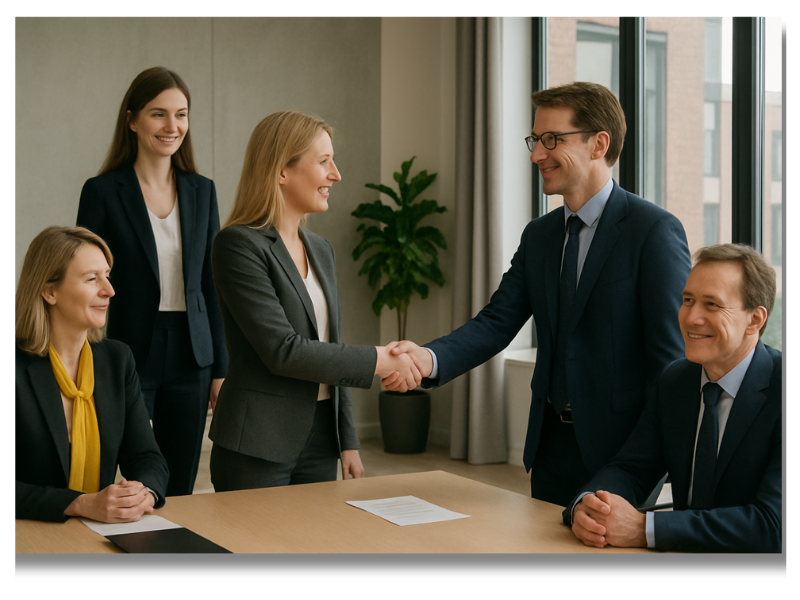 A sales meeting - people shaking hands. Concept to illustrate the value of thought leadership content in sales enablement.