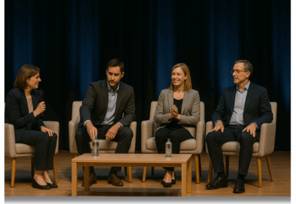 A panel of speakers at an event. Concept to demonstrate the potential of thought leaders to attract speaking gigs.