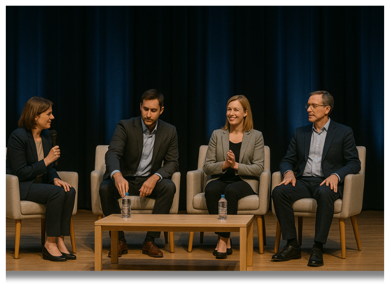 A panel of speakers at an event. Concept to demonstrate the potential of thought leaders to attract speaking gigs.